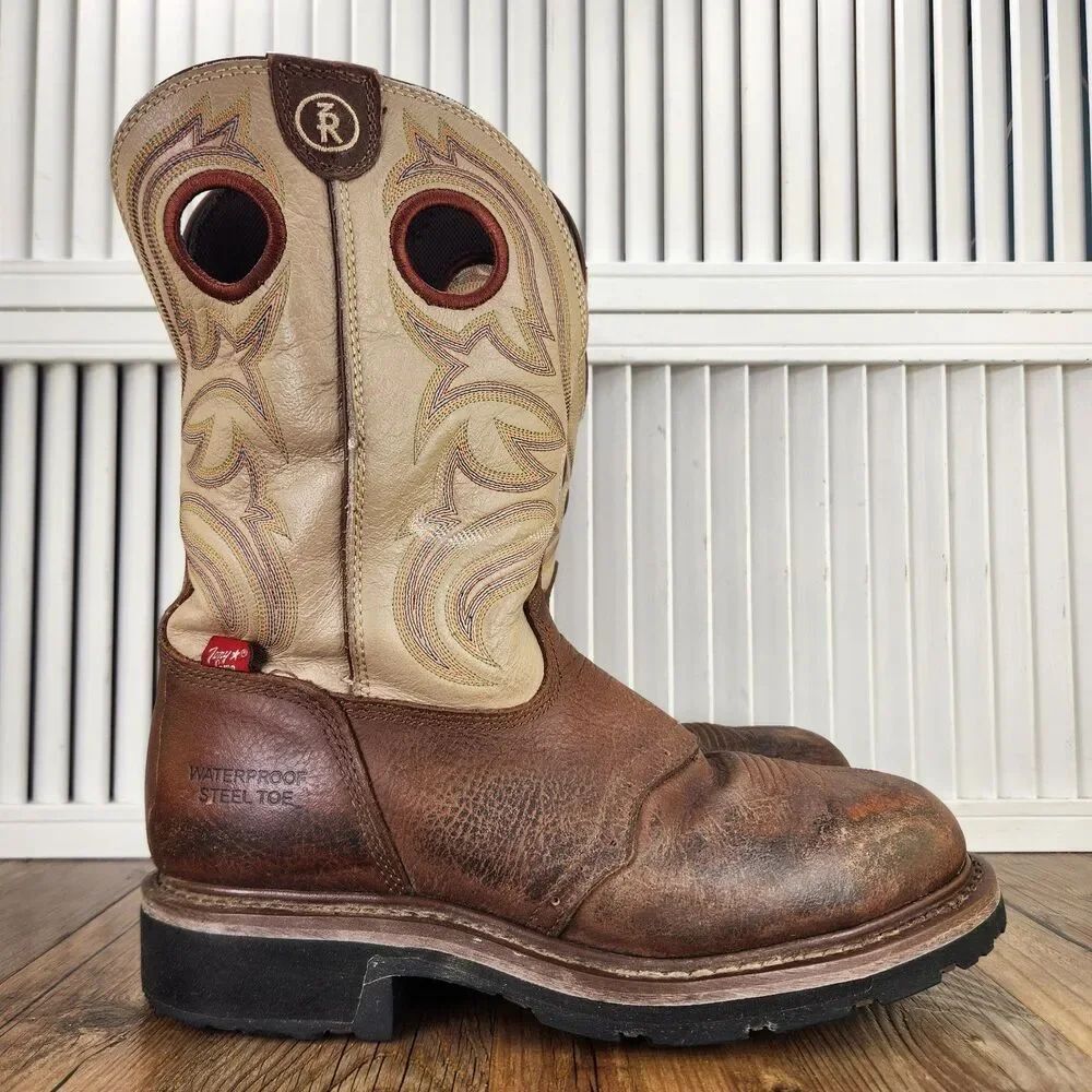 Tony Lama Roper RR3210 Cowboy Boots Mens Sz 9 EE Wide Brown Leather Steel Toe WP